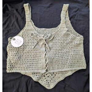 FCT With Love Top Sage Green Knit Cropped Crochet Sleeveless Women’s Large NEW